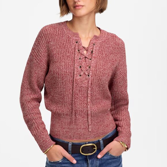 Madewell Red Marled Ribbed Lace-Up Sweater/NWT/XL - Picture 1 of 14